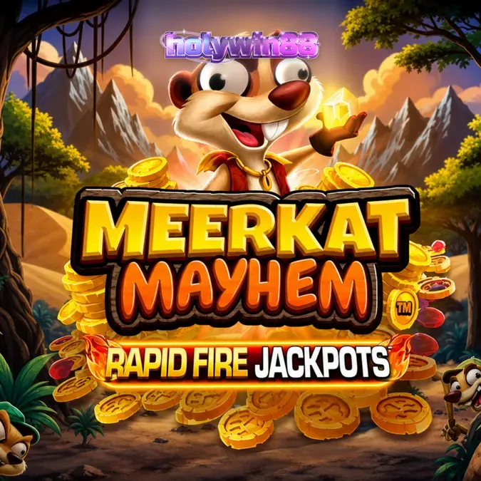Meerkat Mayhem slot game interface showing the progression trail and cartoon characters.
